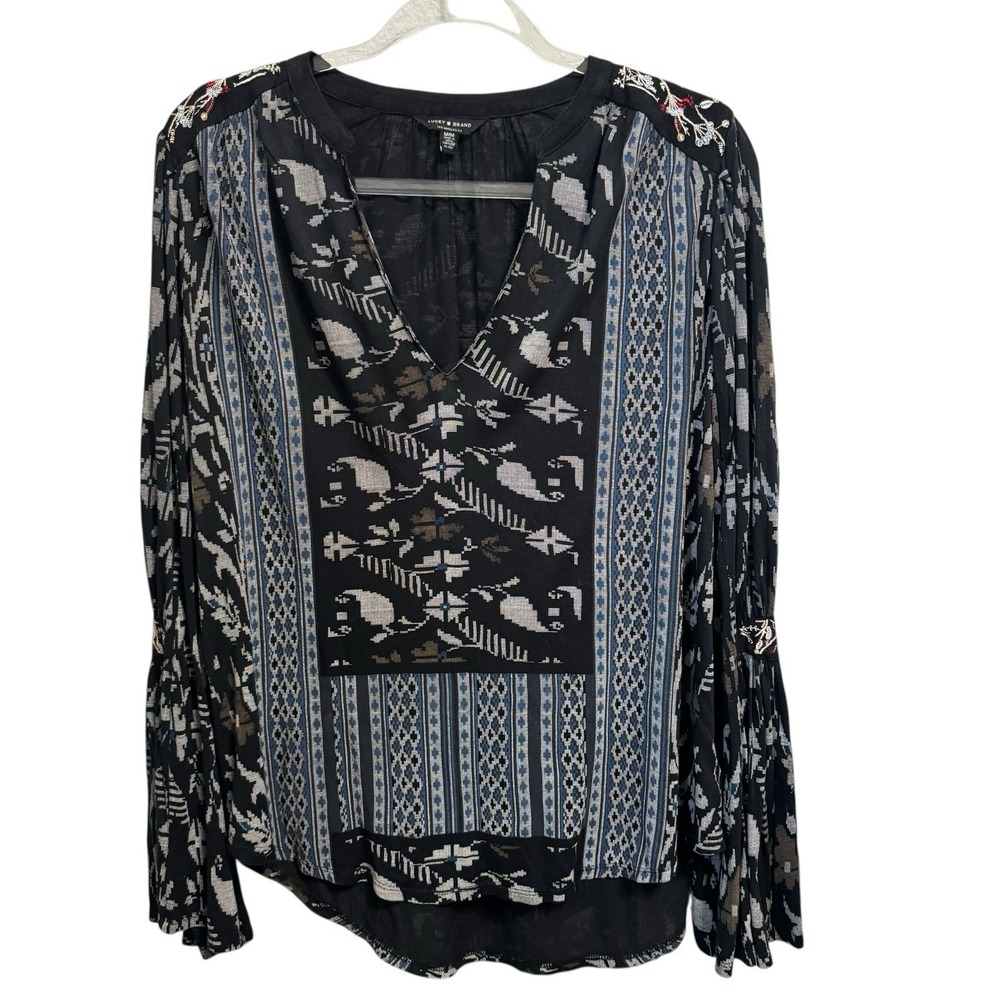 LUCKY BRAND  M Boho‎ Mixed-Print Embroidered Peasant Blouse Ruffle Bell Sleeves